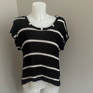 Olivia Moon Black and White Striped Short Sleeve Top with polka dot sheen under